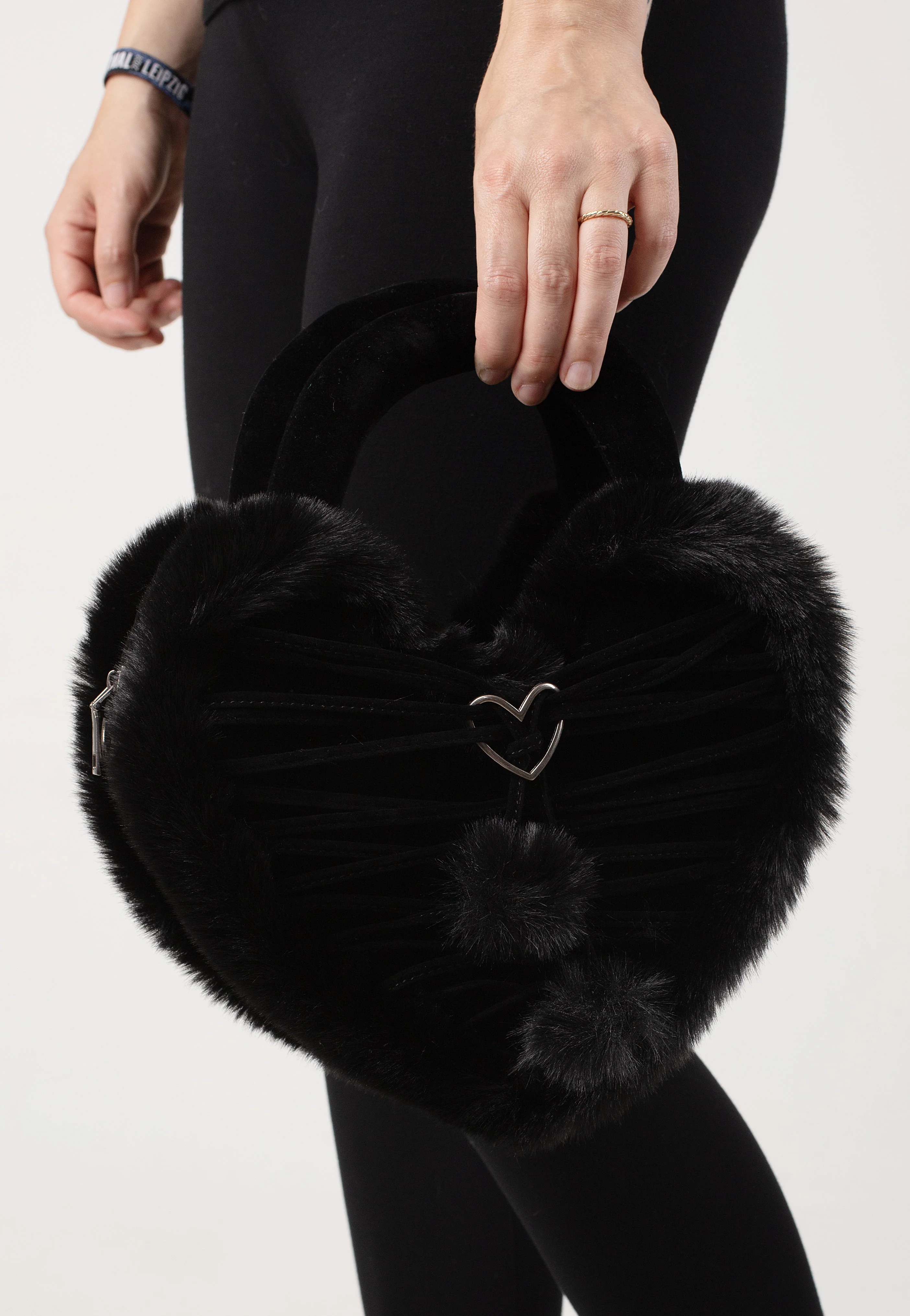 DemoniaCult - Faux Suede And Fur Heart Shaped Black - Bag - Image 6
