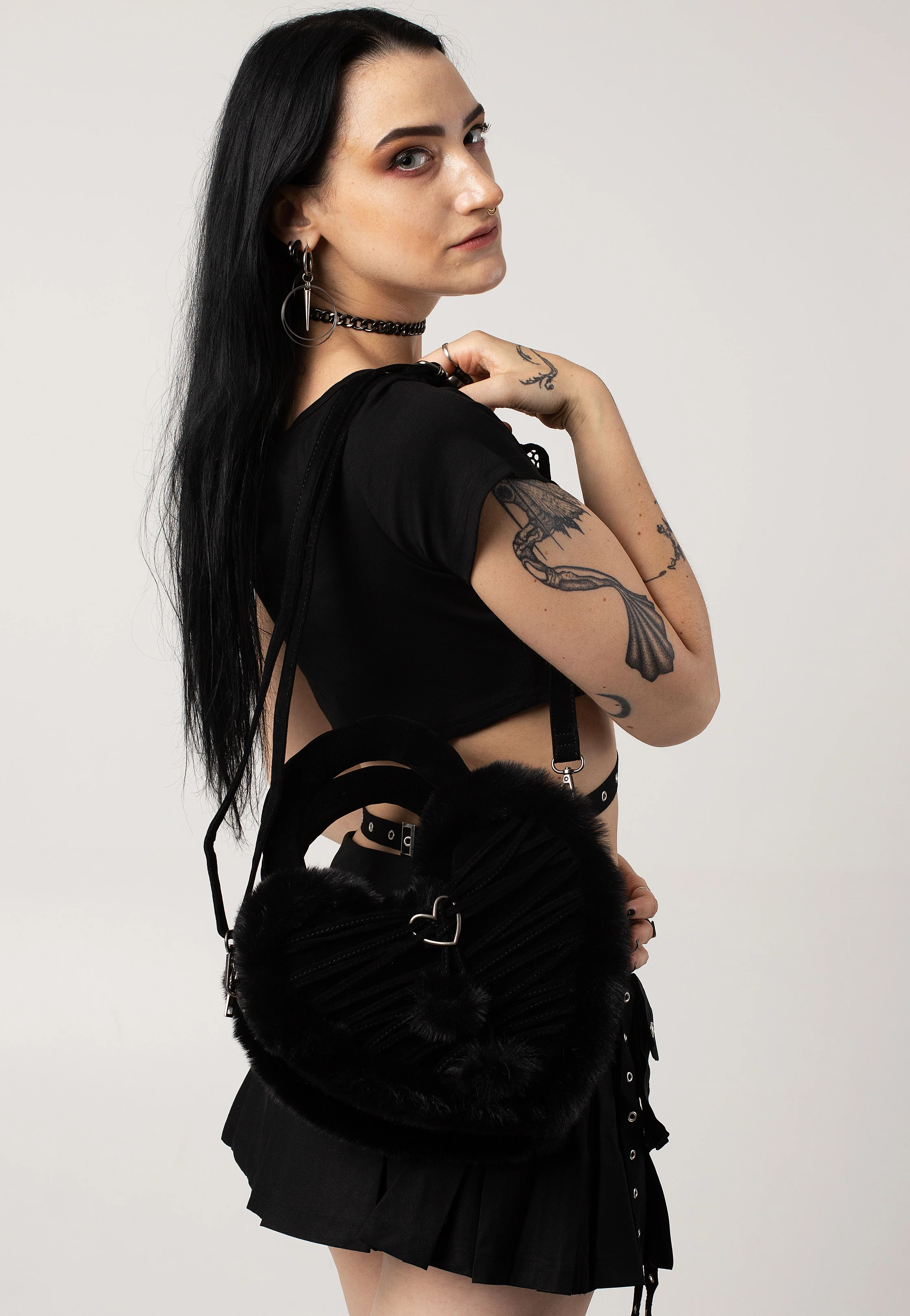 DemoniaCult - Faux Suede And Fur Heart Shaped Black - Bag - Image 9