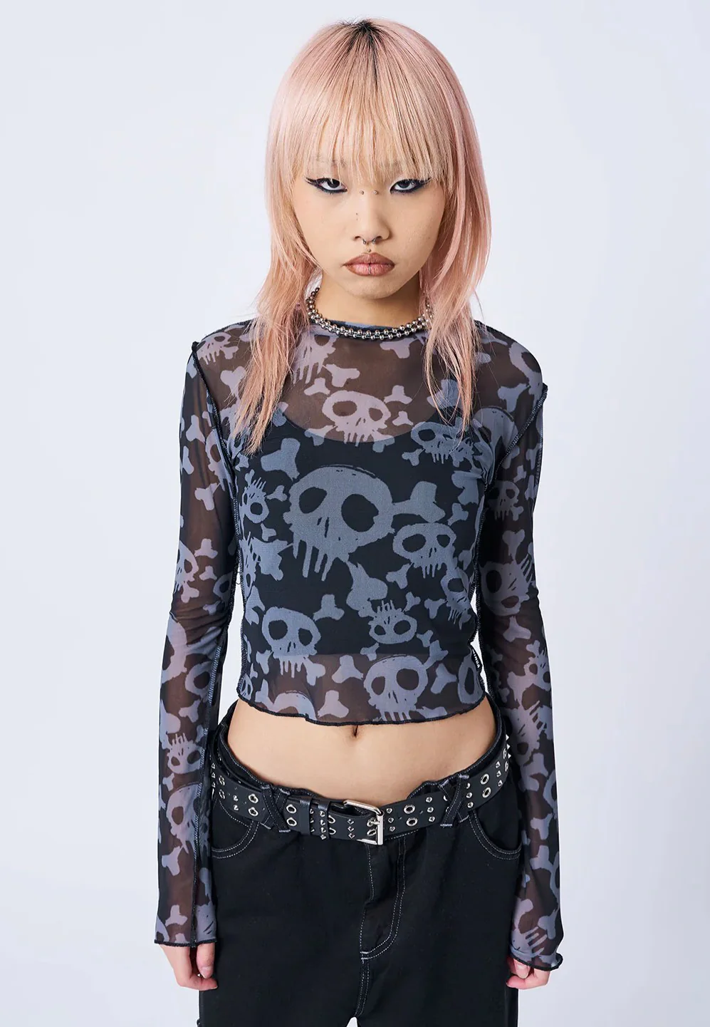 Minga London - Buffy Black & Grey Skull Mesh - Top - Image 4