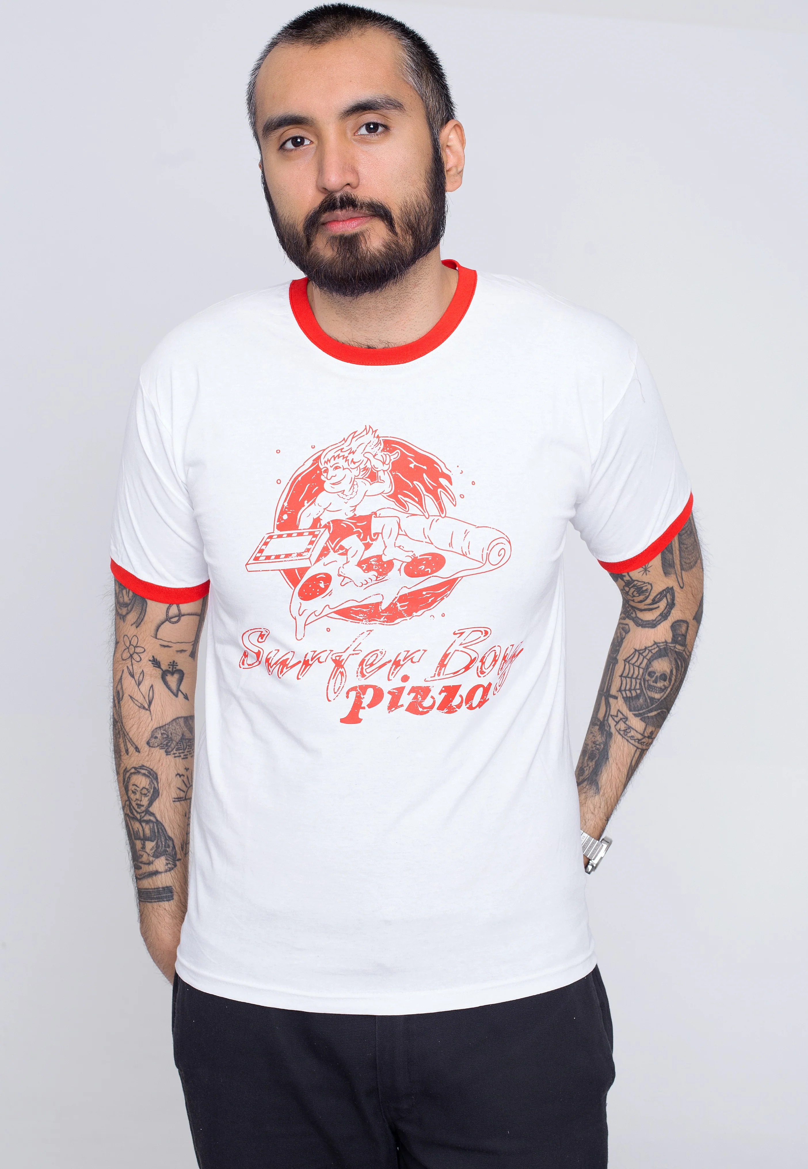 Surfer Boy Pizza Ringer White/ Red - T-Shirt - Image 3