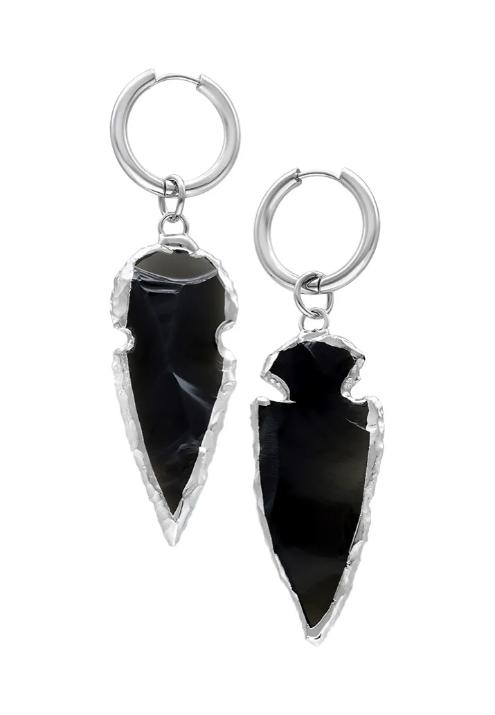 Little Obsidian Stone Hoops Silver - Earrings - Image 3