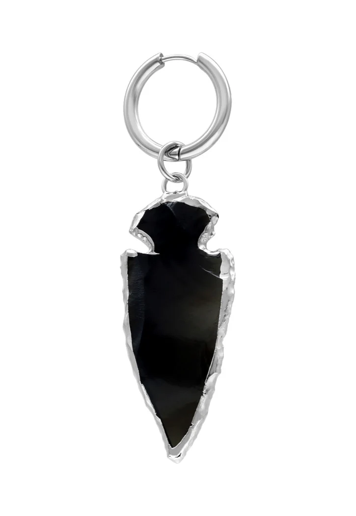 Little Obsidian Stone Hoops Silver - Earrings - Image 5